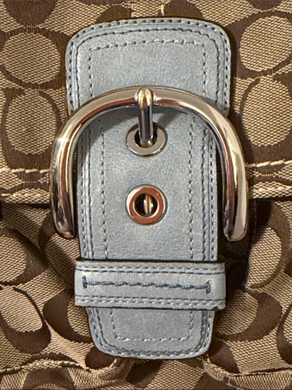 Coach soho flap Tan Signature Canvas Shoulder Bag with Light Blue Trim vintage - Picture 5 of 8